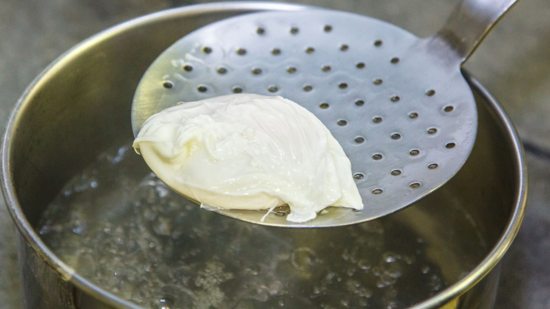 Egg lifted out of poaching liquid on a slotted spoon